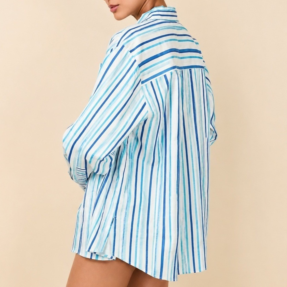 SOLID & STRIPED Mixed Blue Striped Button Down Shirt Oversized Size Small‎ - Picture 2 of 12
